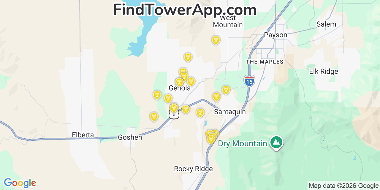 Map showing the 20 primary cell tower locations detected in Genola, Utah from AT&T, Verizon, and T-Mobile networks