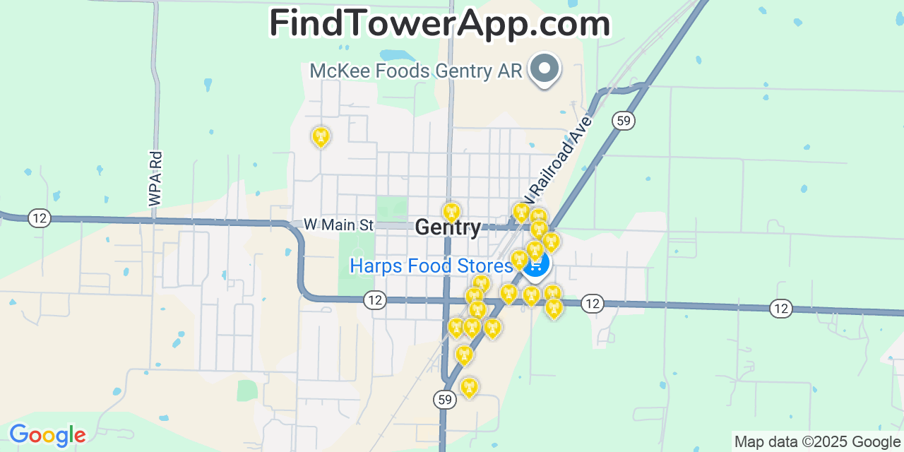 Map showing the 20 primary cell tower locations detected in Gentry, Arkansas from AT&T, Verizon, and T-Mobile networks