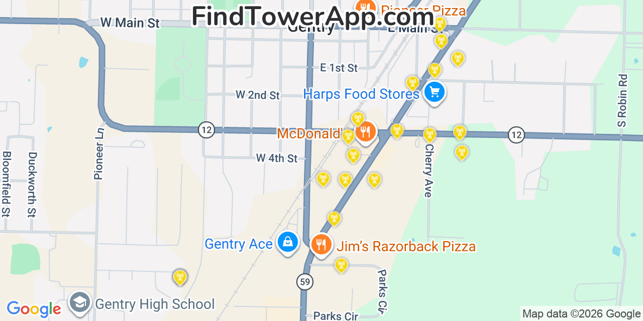 Map showing the 20 primary cell tower locations detected in Gentry, Arkansas from AT&T, Verizon, and T-Mobile networks