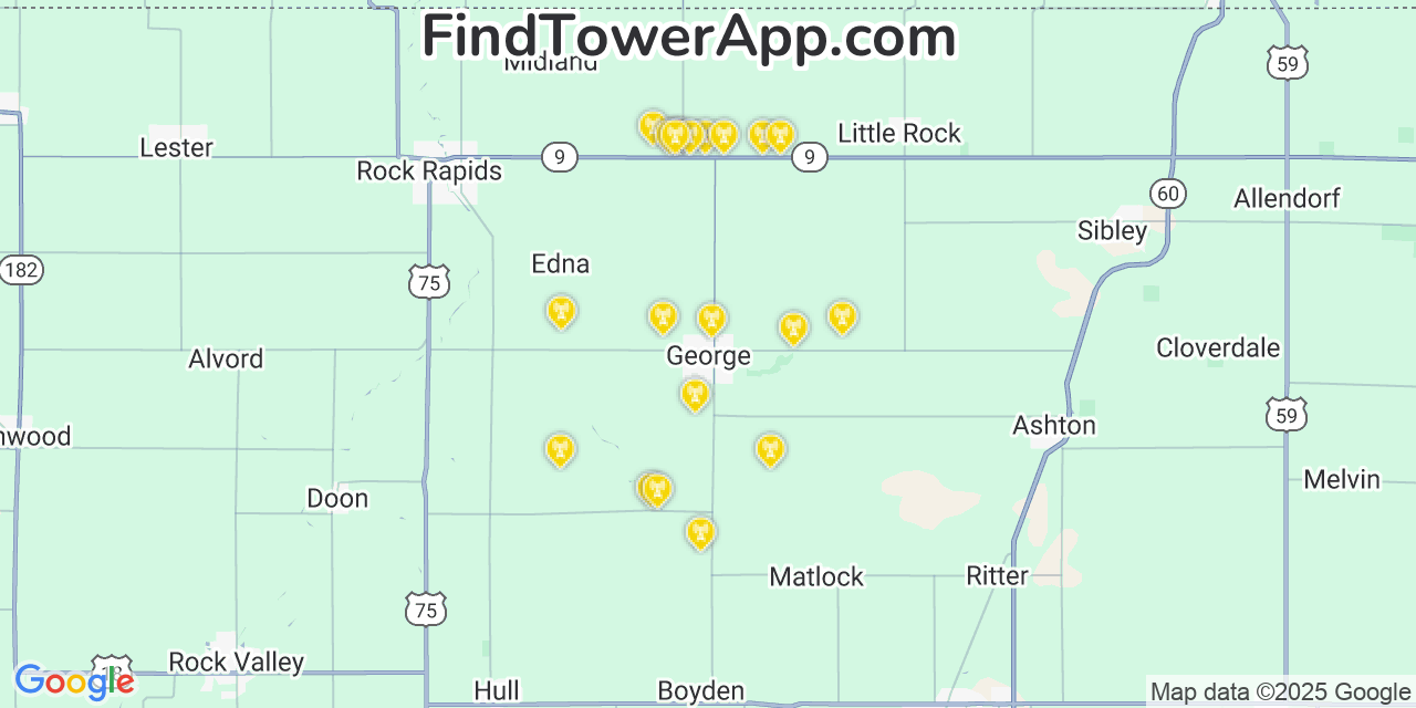 Map showing the 20 primary cell tower locations detected in George, Iowa from AT&T, Verizon, and T-Mobile networks