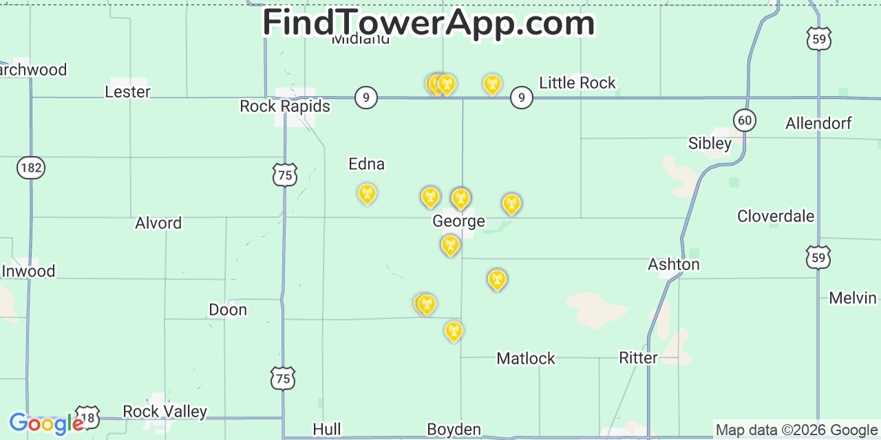 Map showing the 20 primary cell tower locations detected in George, Iowa from AT&T, Verizon, and T-Mobile networks