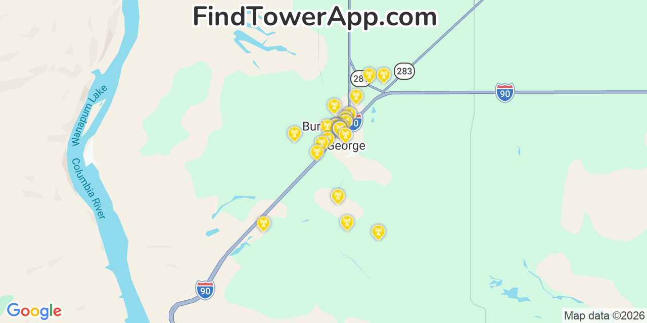 Map showing the 30 primary AT&T cell tower locations detected in George, Washington with coverage radius and signal strength indicators
