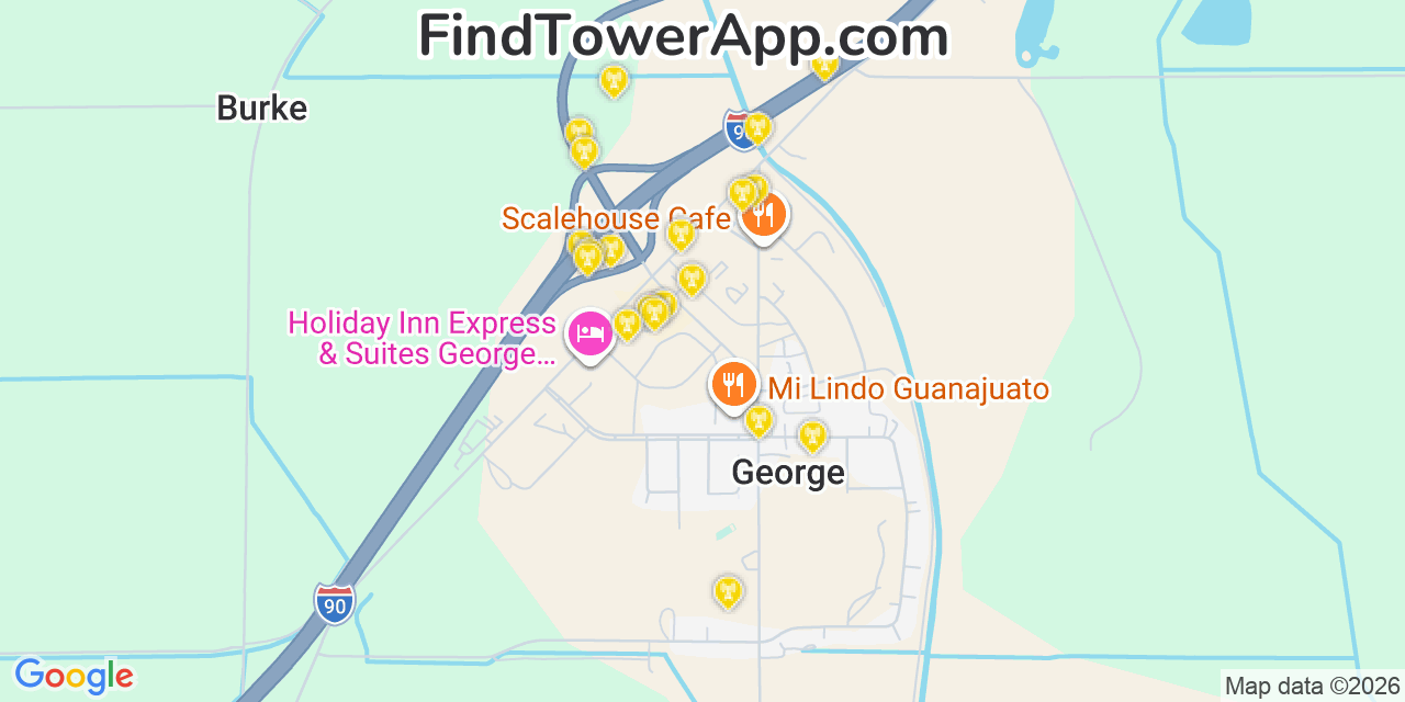 Map showing the 20 primary cell tower locations detected in George, Washington from AT&T, Verizon, and T-Mobile networks