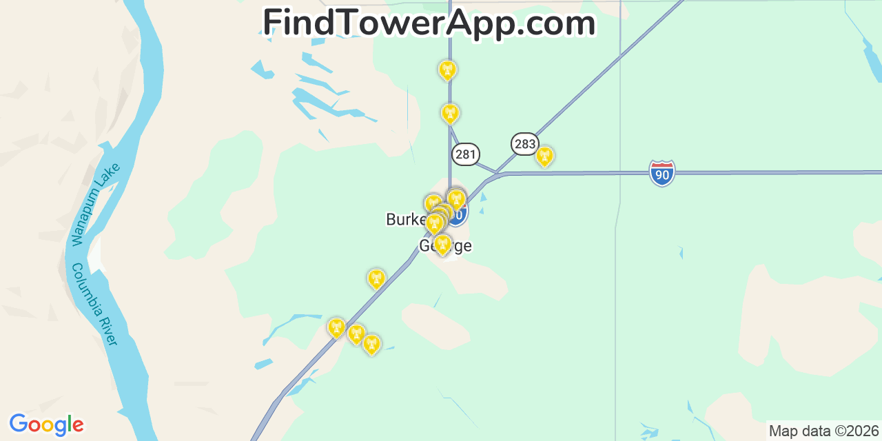 Map showing the 23 primary T-Mobile cell tower locations detected in George, Washington with coverage radius and signal strength indicators