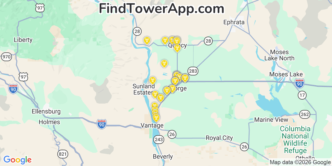 Map showing the 39 primary Verizon cell tower locations detected in George, Washington with coverage radius and signal strength indicators