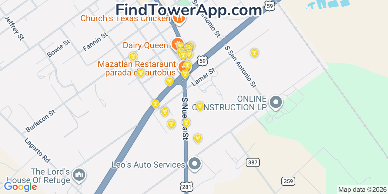 Map showing the 20 primary cell tower locations detected in George West, Texas from AT&T, Verizon, and T-Mobile networks