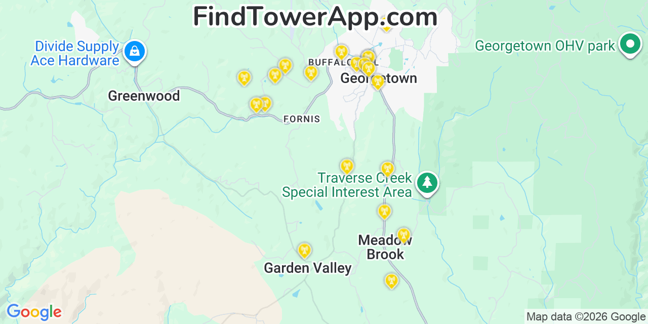 Map showing the 20 primary cell tower locations detected in Georgetown, California from AT&T, Verizon, and T-Mobile networks