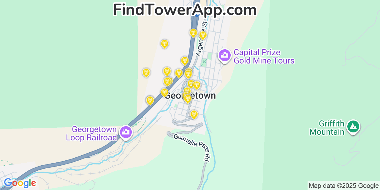 Map showing the 20 primary cell tower locations detected in Georgetown, Colorado from AT&T, Verizon, and T-Mobile networks