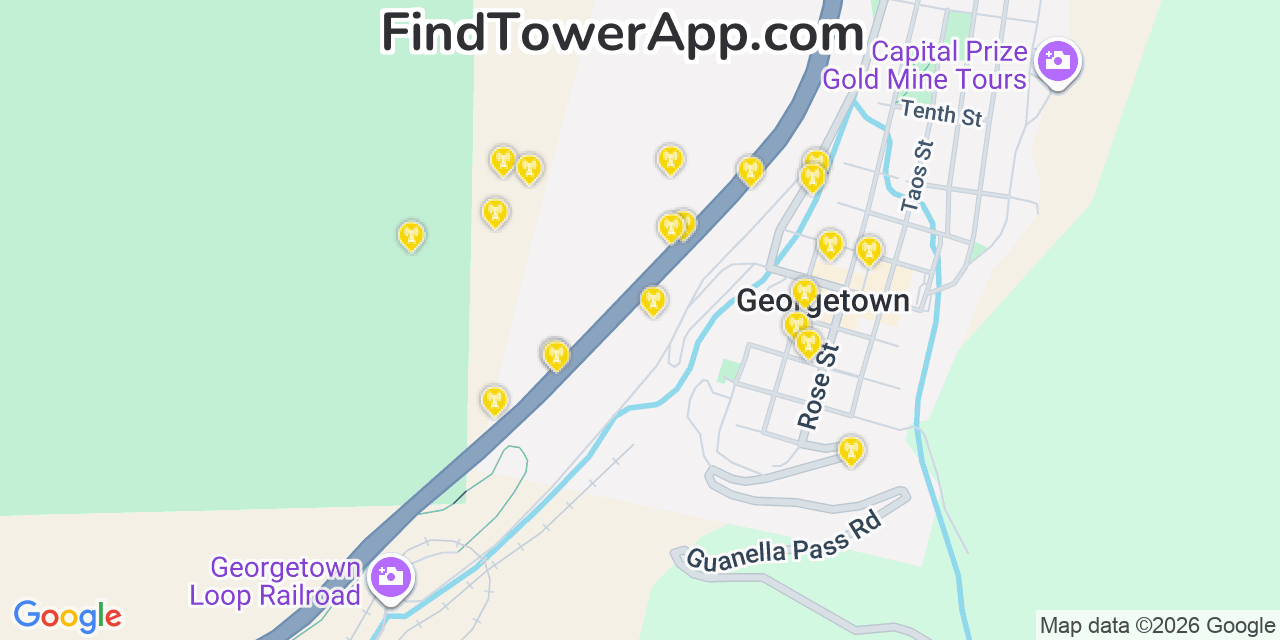 Map showing the 20 primary cell tower locations detected in Georgetown, Colorado from AT&T, Verizon, and T-Mobile networks