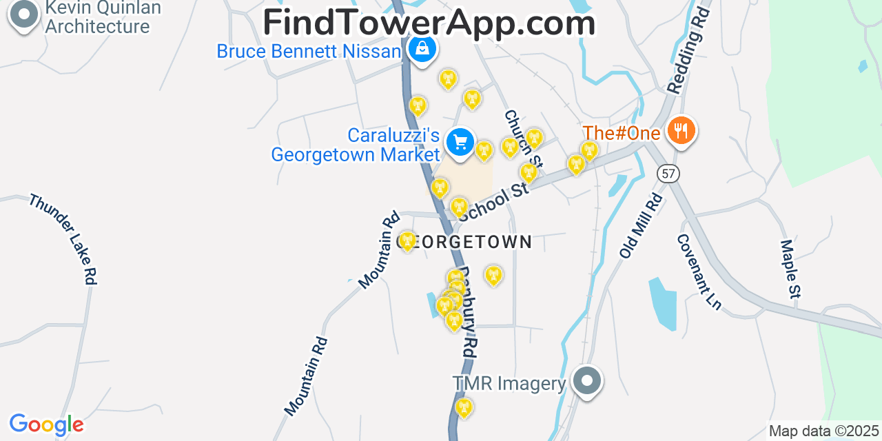 Map showing the 20 primary cell tower locations detected in Georgetown, Connecticut from AT&T, Verizon, and T-Mobile networks