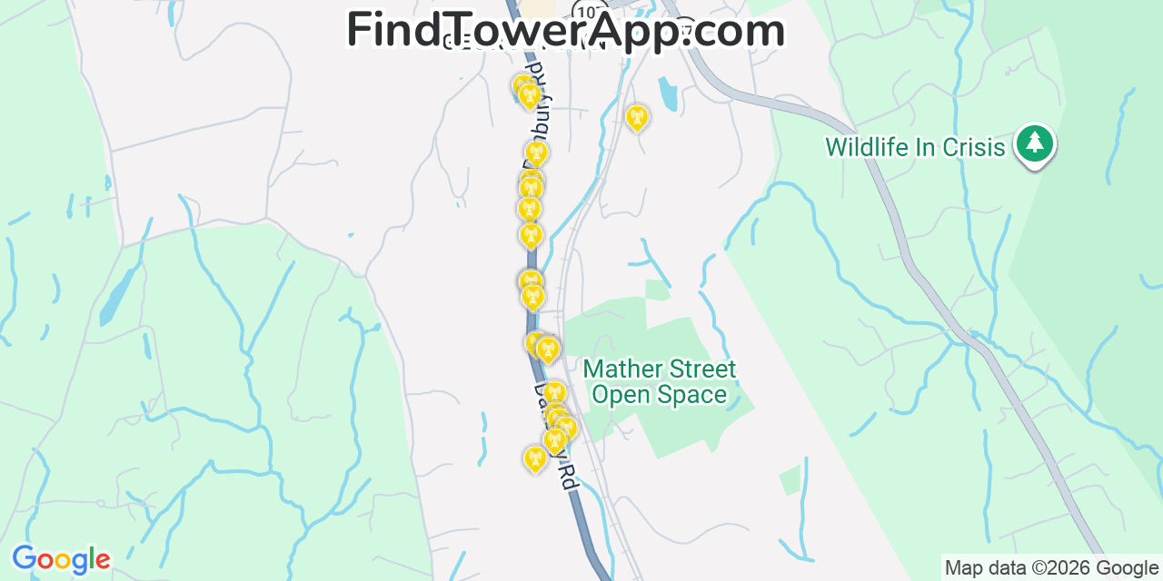 Map showing the 20 primary cell tower locations detected in Georgetown, Connecticut from AT&T, Verizon, and T-Mobile networks
