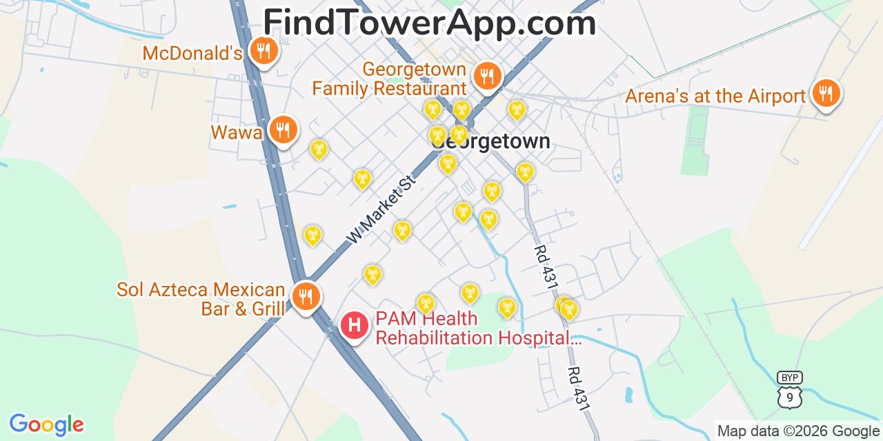 Map showing the 20 primary cell tower locations detected in Georgetown, Delaware from AT&T, Verizon, and T-Mobile networks