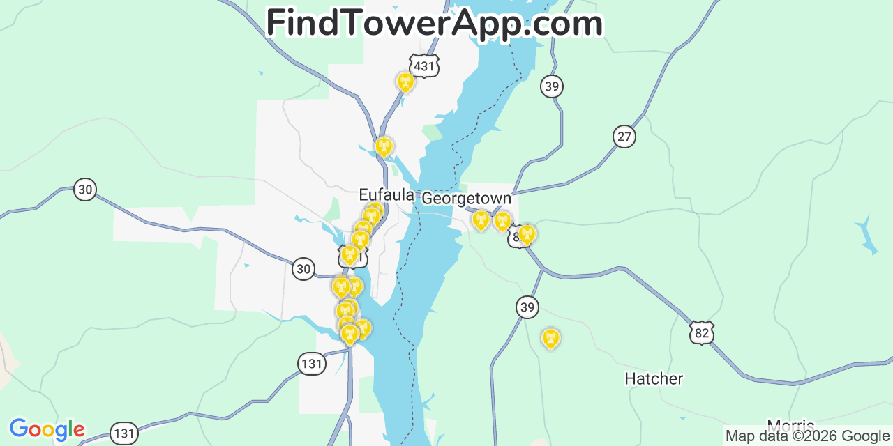 Map showing the 20 primary cell tower locations detected in Georgetown, Georgia from AT&T, Verizon, and T-Mobile networks