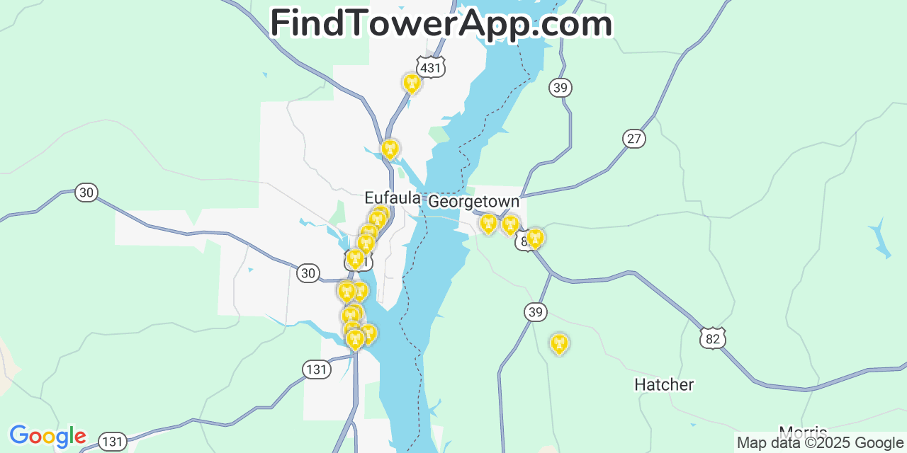Map showing the 20 primary Mobitel cell tower locations detected in Georgetown, Georgia with coverage radius and signal strength indicators