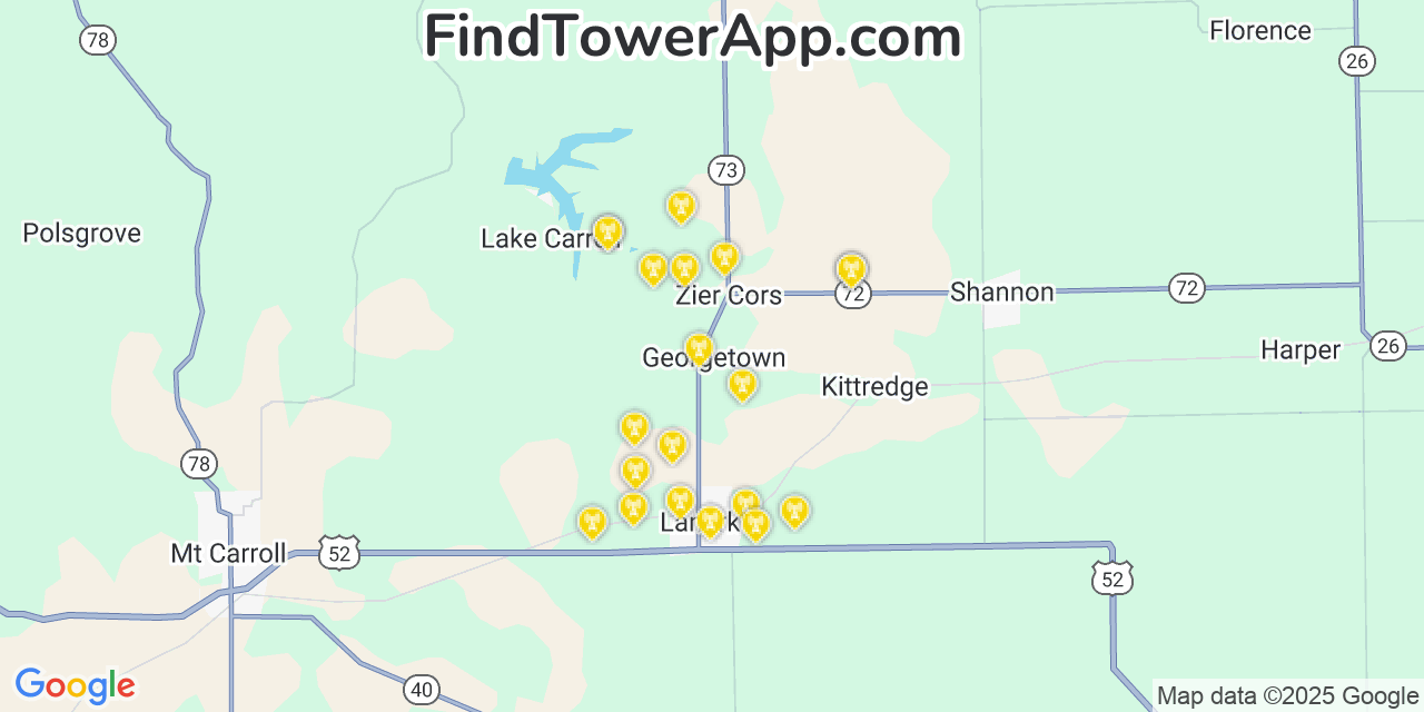 Map showing the 20 primary cell tower locations detected in Georgetown, Illinois from AT&T, Verizon, and T-Mobile networks