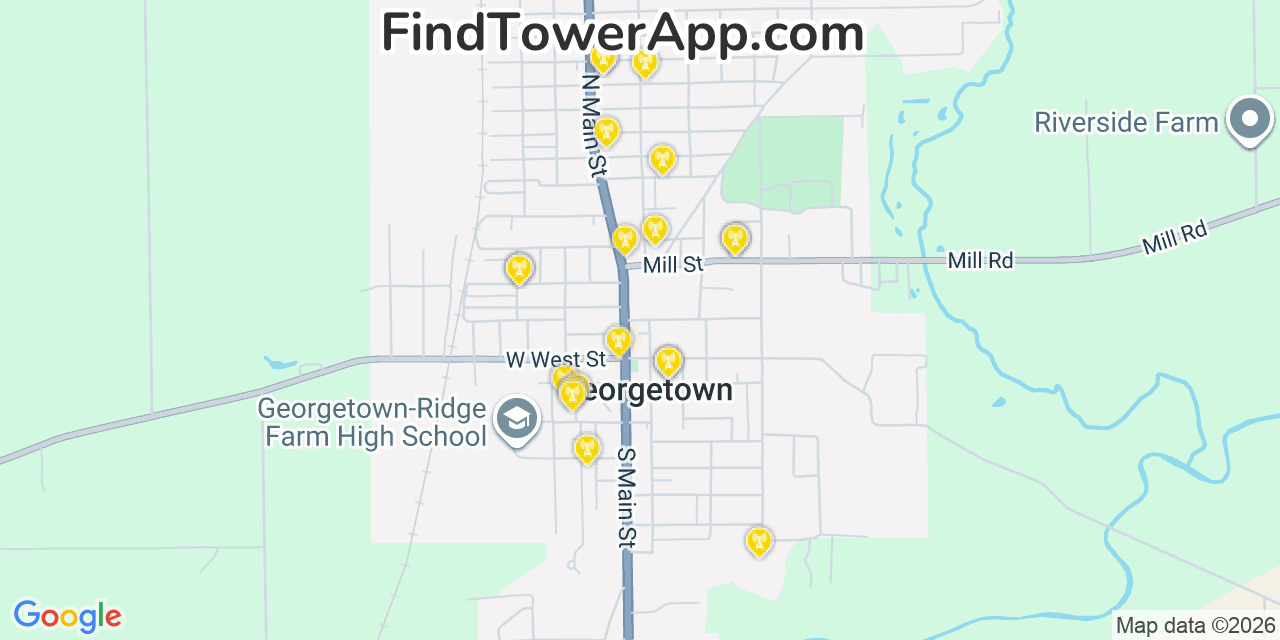 Map showing the 20 primary cell tower locations detected in Georgetown, Illinois from AT&T, Verizon, and T-Mobile networks