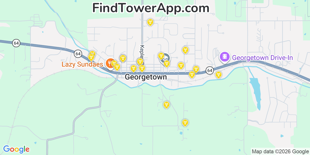 Map showing the 20 primary cell tower locations detected in Georgetown, Indiana from AT&T, Verizon, and T-Mobile networks