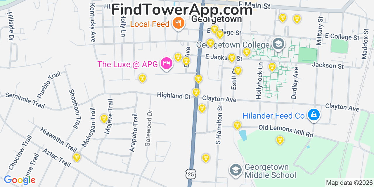 Map showing the 20 primary cell tower locations detected in Georgetown, Kentucky from AT&T, Verizon, and T-Mobile networks