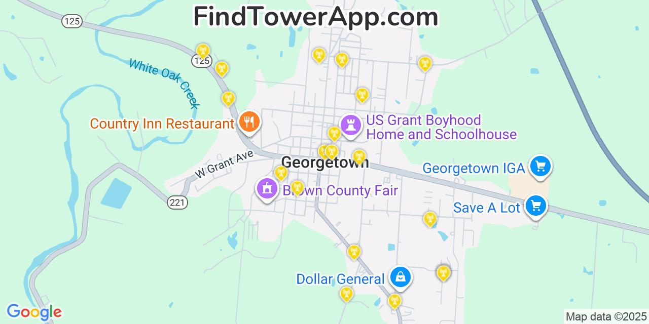 Map showing the 20 primary cell tower locations detected in Georgetown, Ohio from AT&T, Verizon, and T-Mobile networks