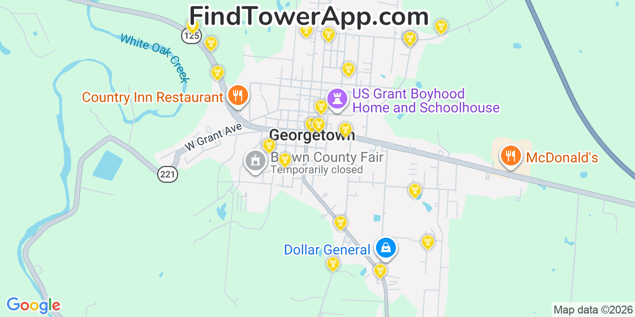 Map showing the 20 primary cell tower locations detected in Georgetown, Ohio from AT&T, Verizon, and T-Mobile networks