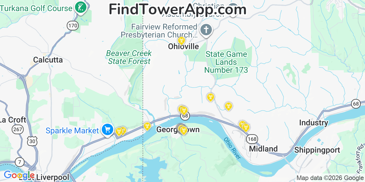 Map showing the 20 primary cell tower locations detected in Georgetown, Pennsylvania from AT&T, Verizon, and T-Mobile networks