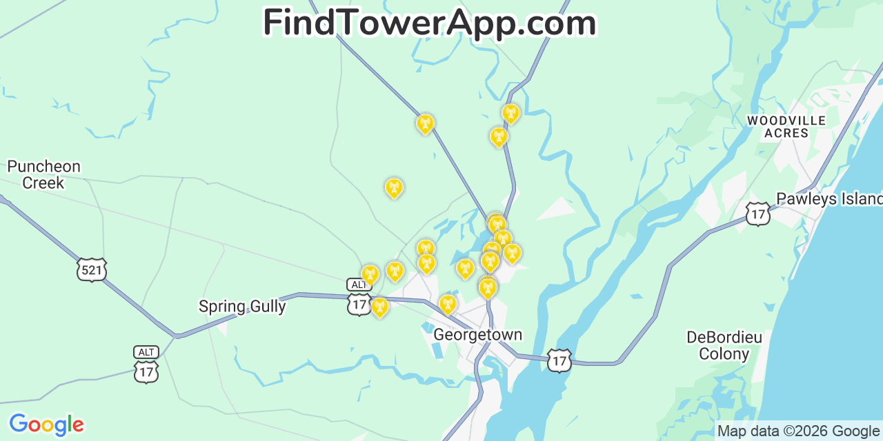 Map showing the 20 primary cell tower locations detected in Georgetown, South Carolina from AT&T, Verizon, and T-Mobile networks