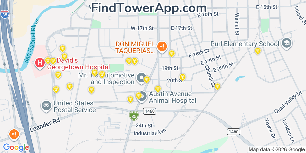Map showing the 20 primary cell tower locations detected in Georgetown, Texas from AT&T, Verizon, and T-Mobile networks