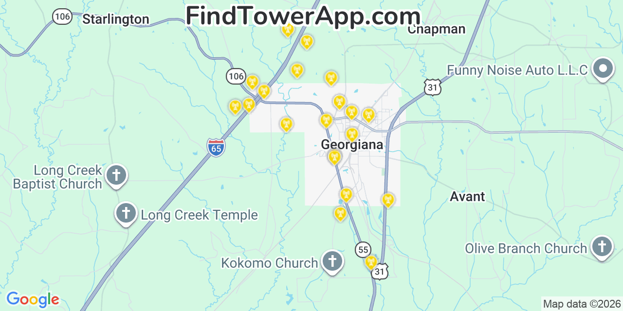 Map showing the 20 primary cell tower locations detected in Georgiana, Alabama from AT&T, Verizon, and T-Mobile networks
