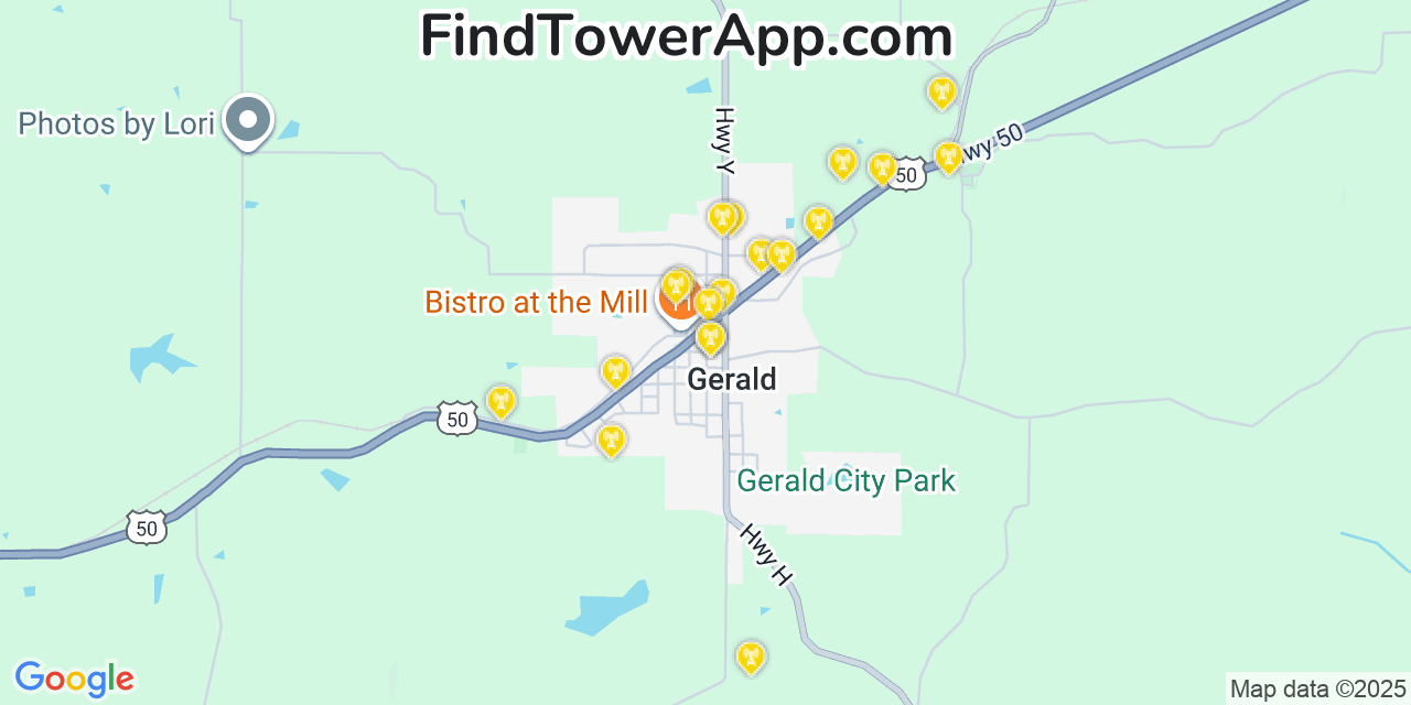 Map showing the 20 primary cell tower locations detected in Gerald, Missouri from AT&T, Verizon, and T-Mobile networks