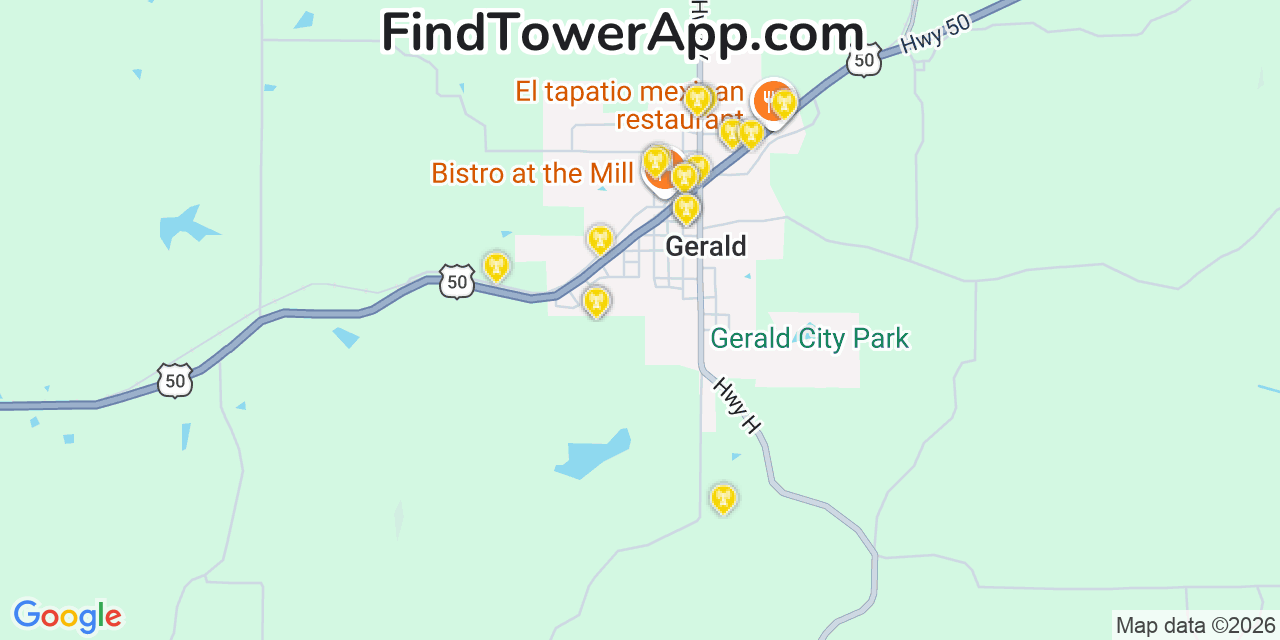 Map showing the 20 primary cell tower locations detected in Gerald, Missouri from AT&T, Verizon, and T-Mobile networks