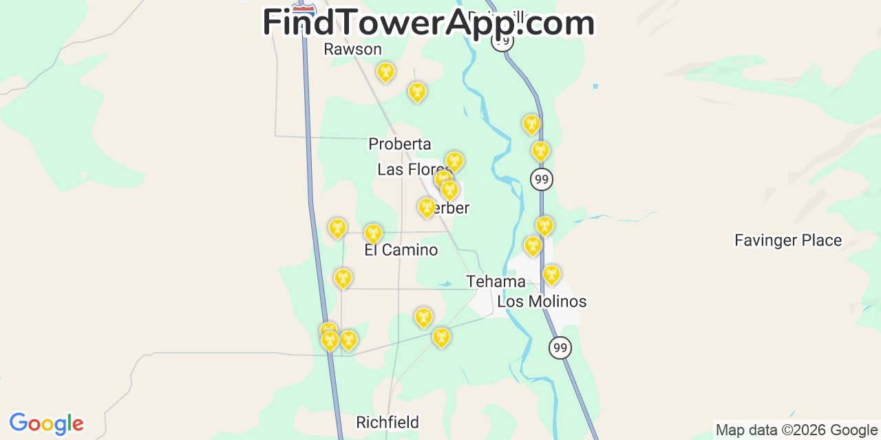 Map showing the 20 primary cell tower locations detected in Gerber, California from AT&T, Verizon, and T-Mobile networks