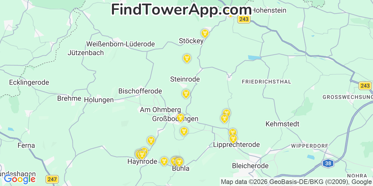 Map showing the 21 primary Telekom cell tower locations in Geretsired, Germany