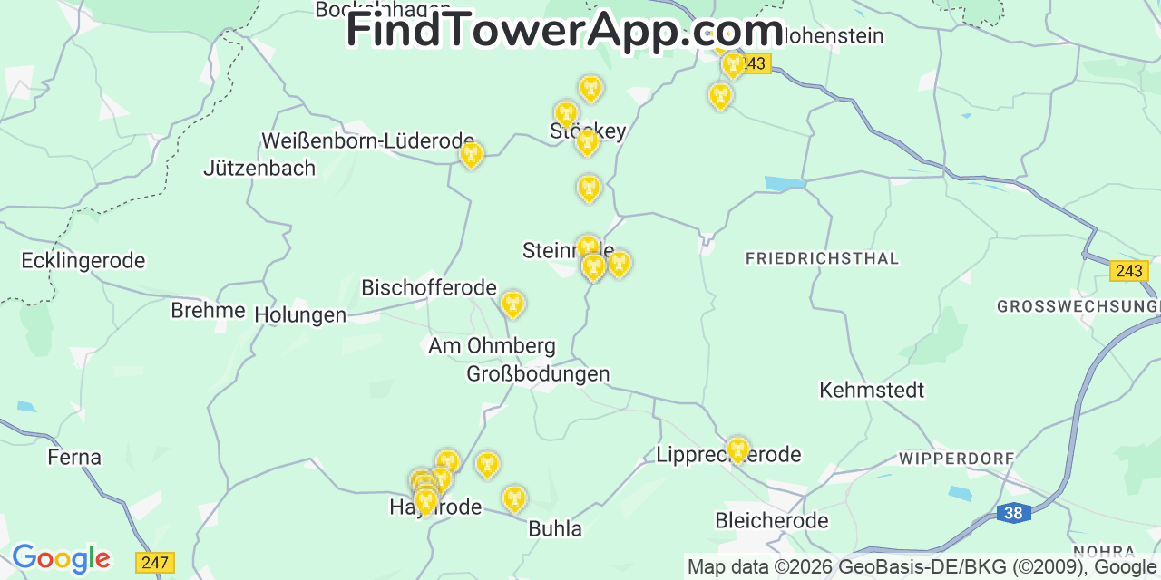 Map showing the 22 primary Vodafone cell tower locations in Geretsired, Germany