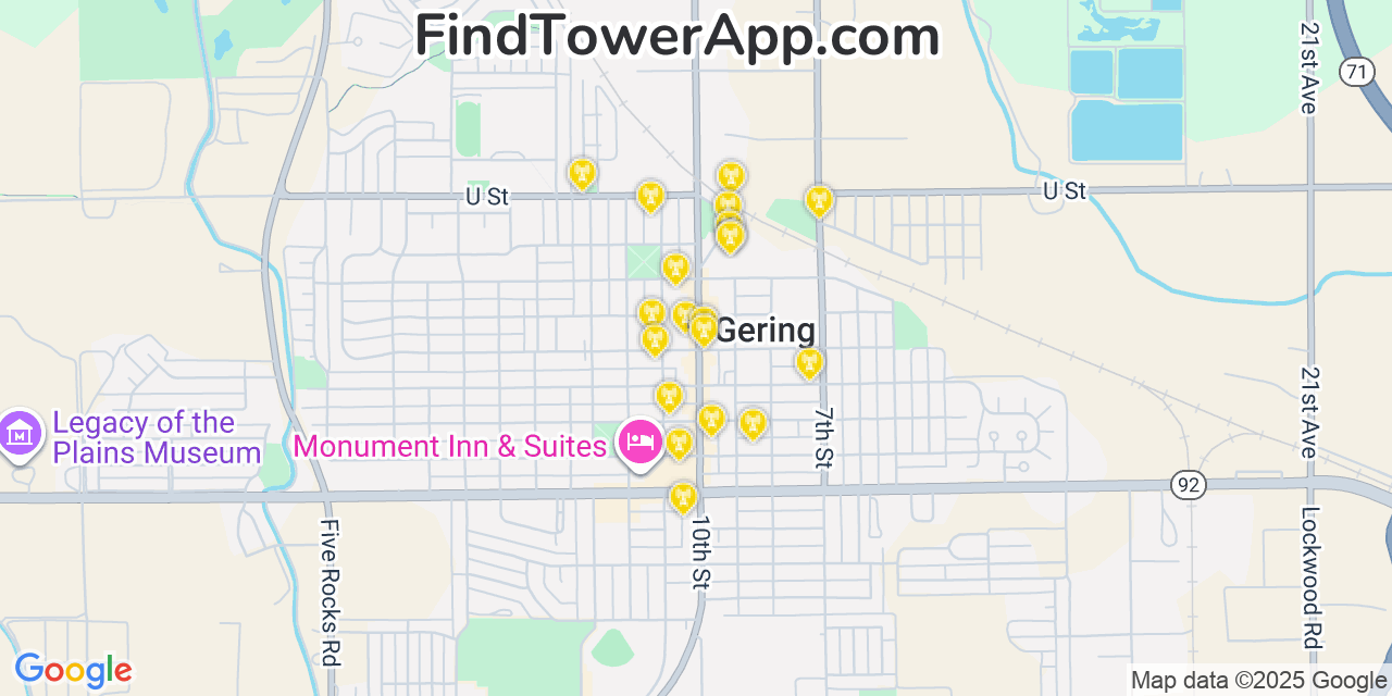 Map showing the 20 primary cell tower locations detected in Gering, Nebraska from AT&T, Verizon, and T-Mobile networks