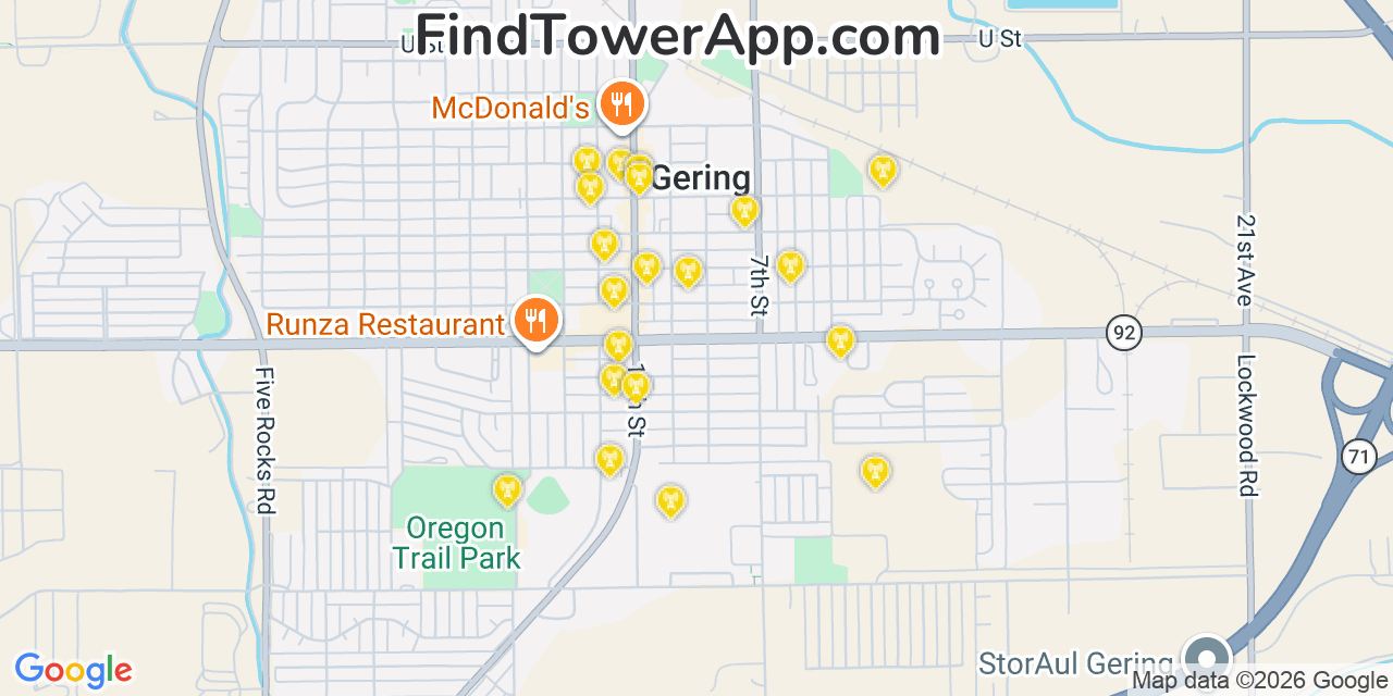Map showing the 20 primary cell tower locations detected in Gering, Nebraska from AT&T, Verizon, and T-Mobile networks