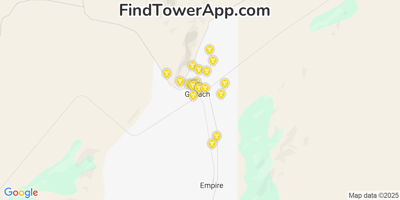 Map showing the 20 primary cell tower locations detected in Gerlach, Nevada from AT&T, Verizon, and T-Mobile networks