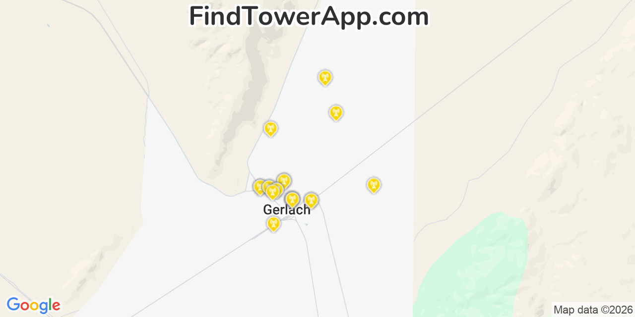 Map showing the 20 primary cell tower locations detected in Gerlach, Nevada from AT&T, Verizon, and T-Mobile networks