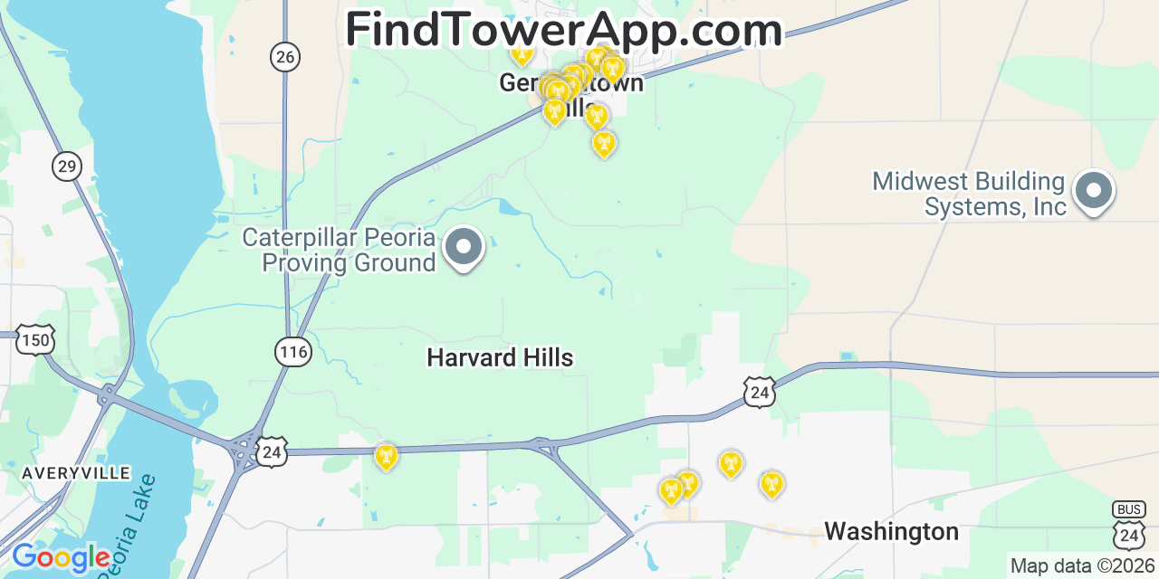 Map showing the 20 primary cell tower locations detected in Germantown Hills, Illinois from AT&T, Verizon, and T-Mobile networks