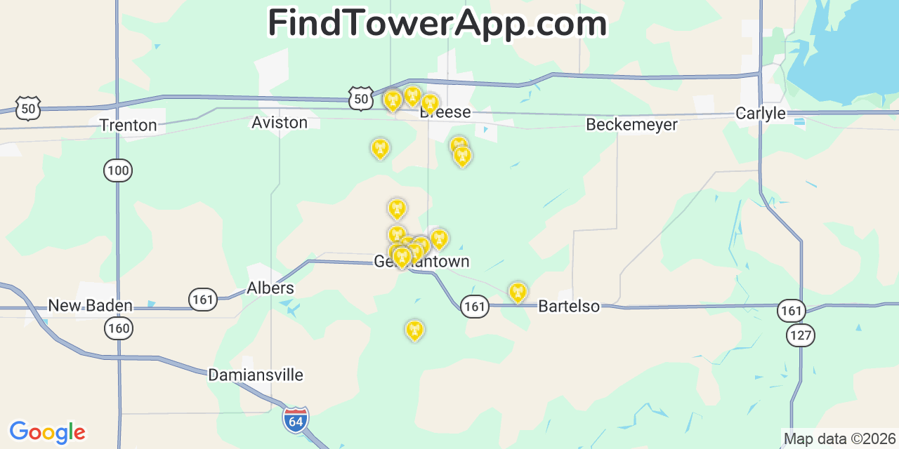 Map showing the 20 primary cell tower locations detected in Germantown, Illinois from AT&T, Verizon, and T-Mobile networks