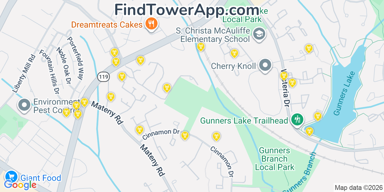 Map showing the 20 primary cell tower locations detected in Germantown, Maryland from AT&T, Verizon, and T-Mobile networks