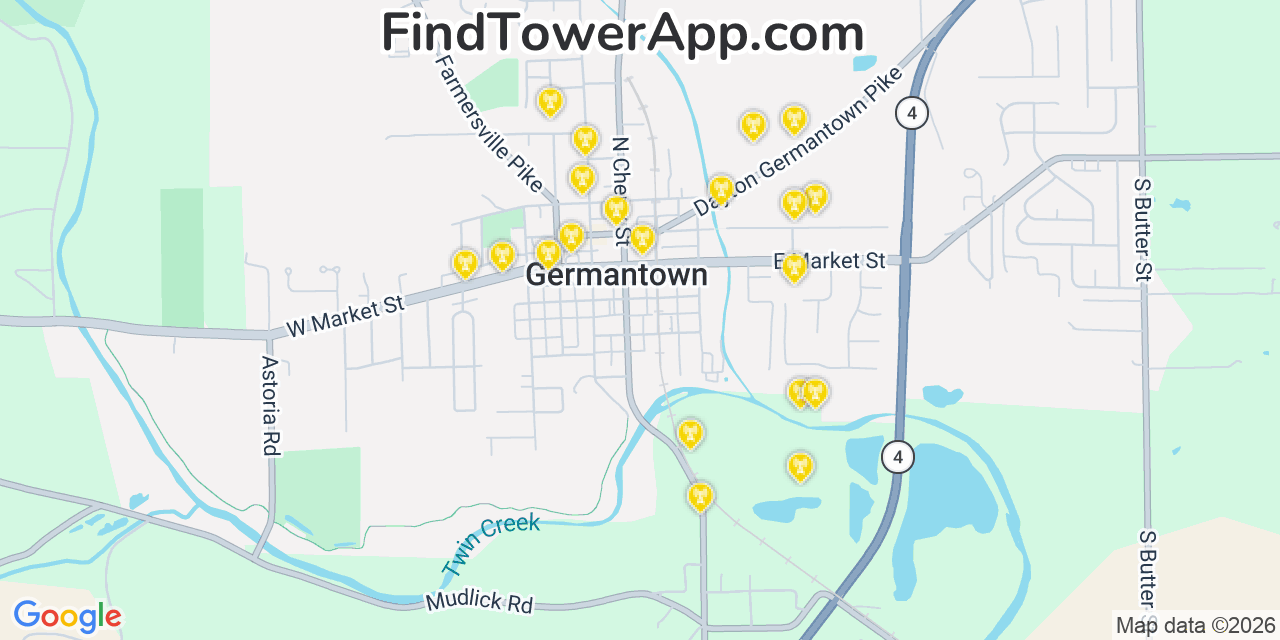 Map showing the 20 primary cell tower locations detected in Germantown, Ohio from AT&T, Verizon, and T-Mobile networks