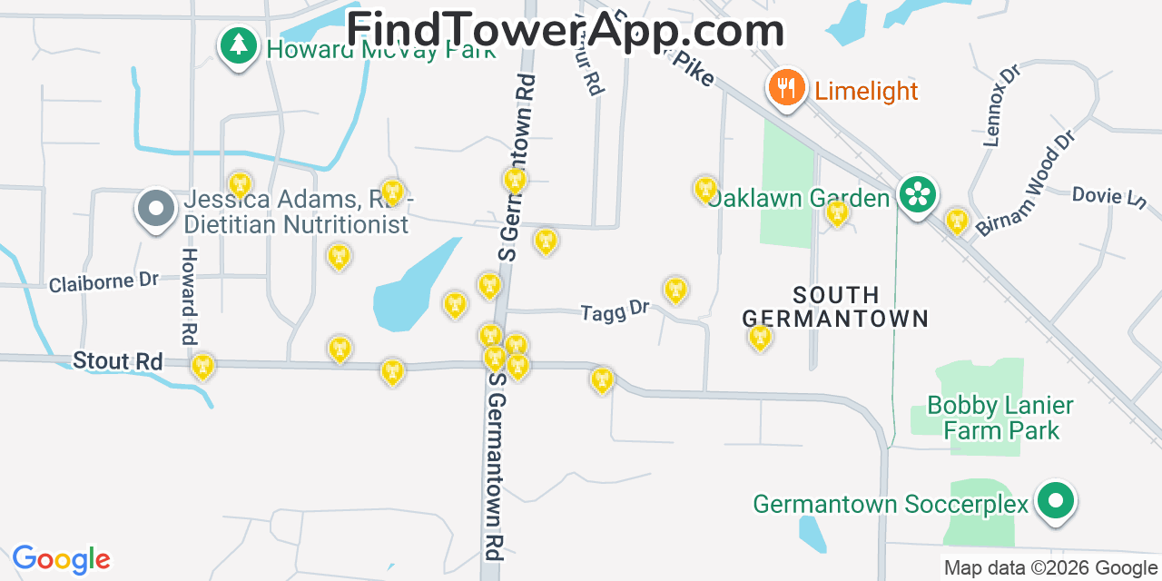 Map showing the 20 primary cell tower locations detected in Germantown, Tennessee from AT&T, Verizon, and T-Mobile networks