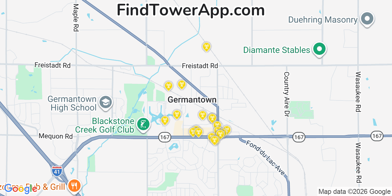 Map showing the 20 primary cell tower locations detected in Germantown, Wisconsin from AT&T, Verizon, and T-Mobile networks