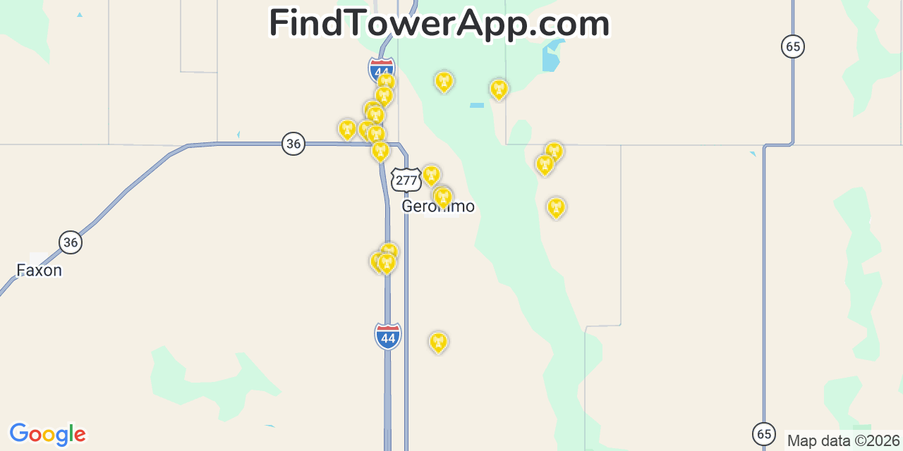 Map showing the 20 primary cell tower locations detected in Geronimo, Oklahoma from AT&T, Verizon, and T-Mobile networks