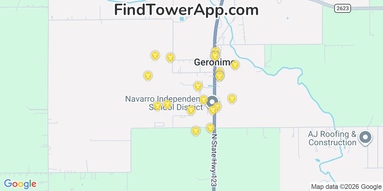 Map showing the 20 primary cell tower locations detected in Geronimo, Texas from AT&T, Verizon, and T-Mobile networks
