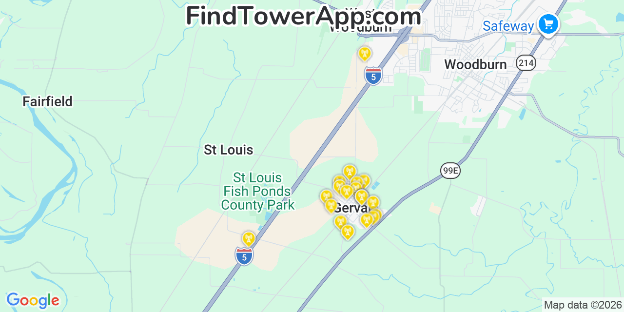 Map showing the 20 primary cell tower locations detected in Gervais, Oregon from AT&T, Verizon, and T-Mobile networks