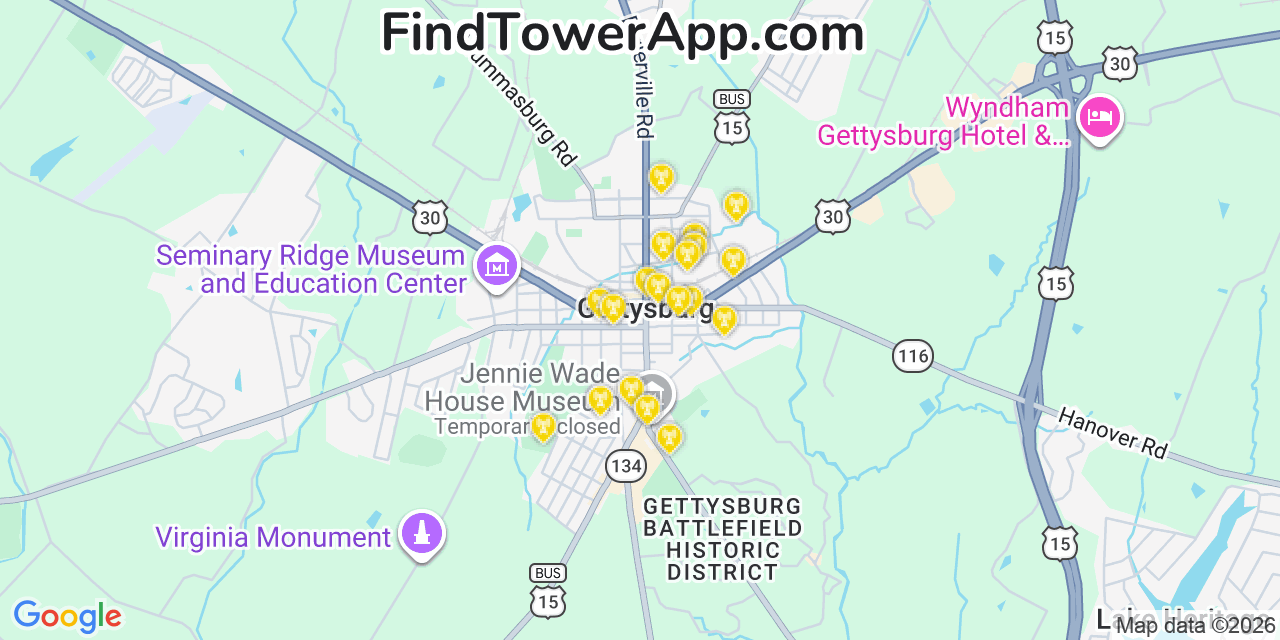 Map showing the 20 primary cell tower locations detected in Gettysburg, Pennsylvania from AT&T, Verizon, and T-Mobile networks