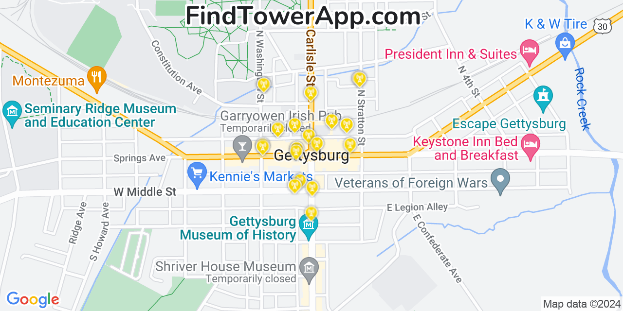 T-Mobile 4G/5G cell tower coverage map Gettysburg, Pennsylvania