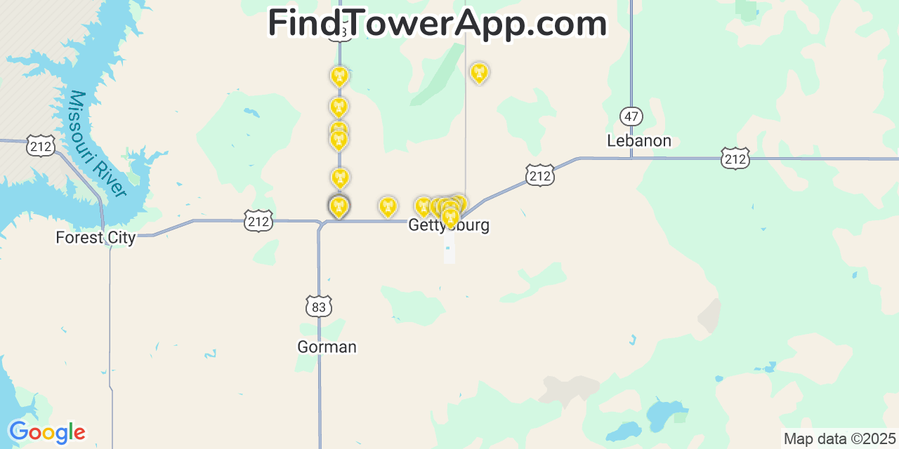 Map showing the 20 primary cell tower locations detected in Gettysburg, South Dakota from AT&T, Verizon, and T-Mobile networks