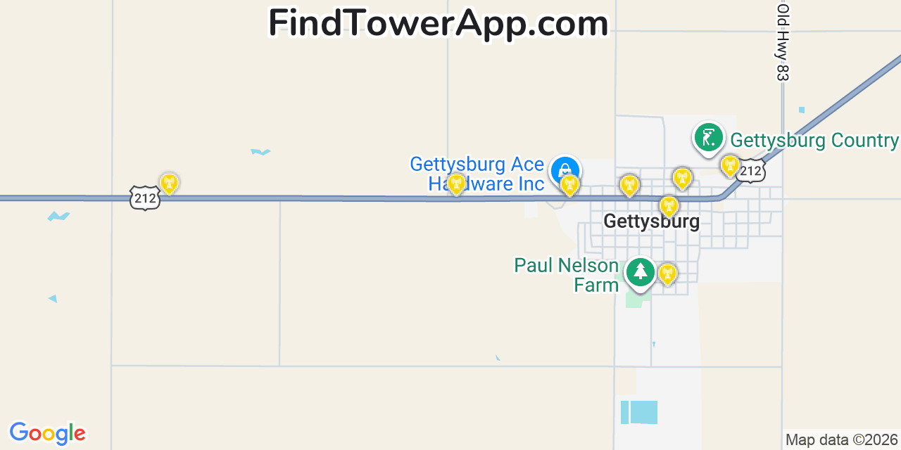 Map showing the 20 primary cell tower locations detected in Gettysburg, South Dakota from AT&T, Verizon, and T-Mobile networks